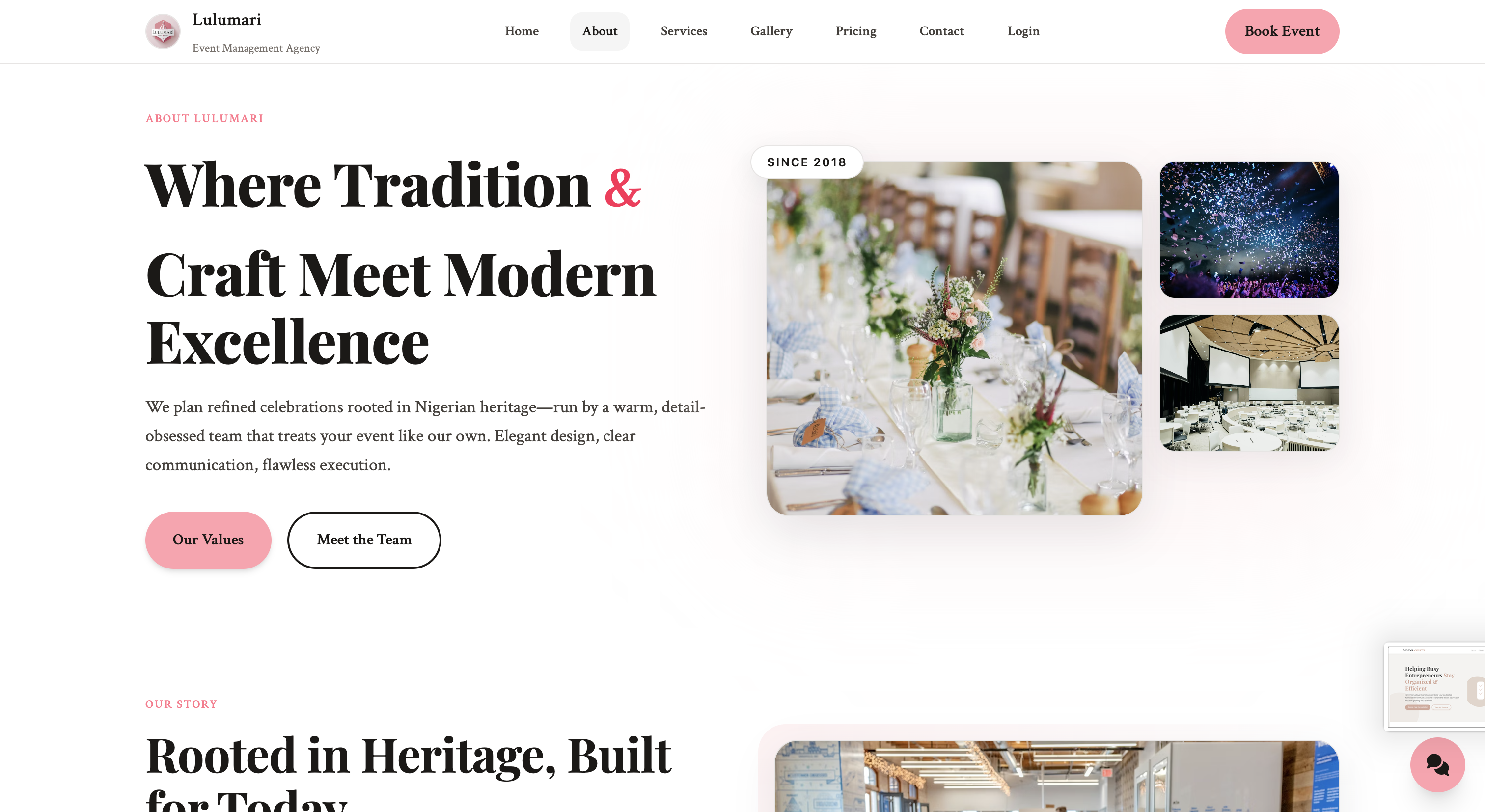 Lulumari event planning website preview